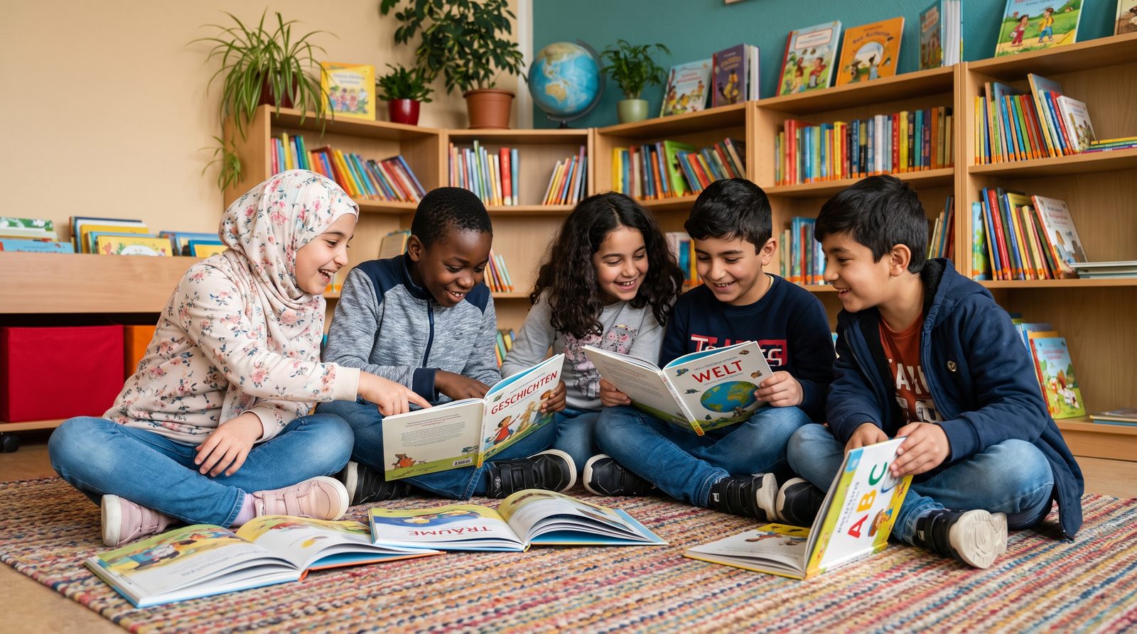 Kinder mit Migrationshintergrund lesen gemeinsam deutsche Bilderbücher mit den Titeln Geschichten, Welt, Träume und ABC
